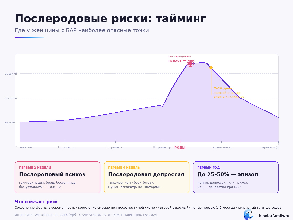 Послеродовые риски: тайминг. Кривая риска от зачатия до первого года после родов с пиком послеродового психоза в первые 2 недели